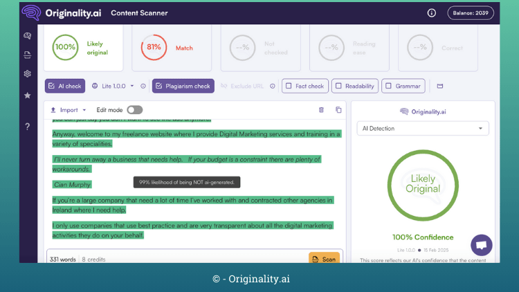 originality.ai screenshot highlighting unique seo content